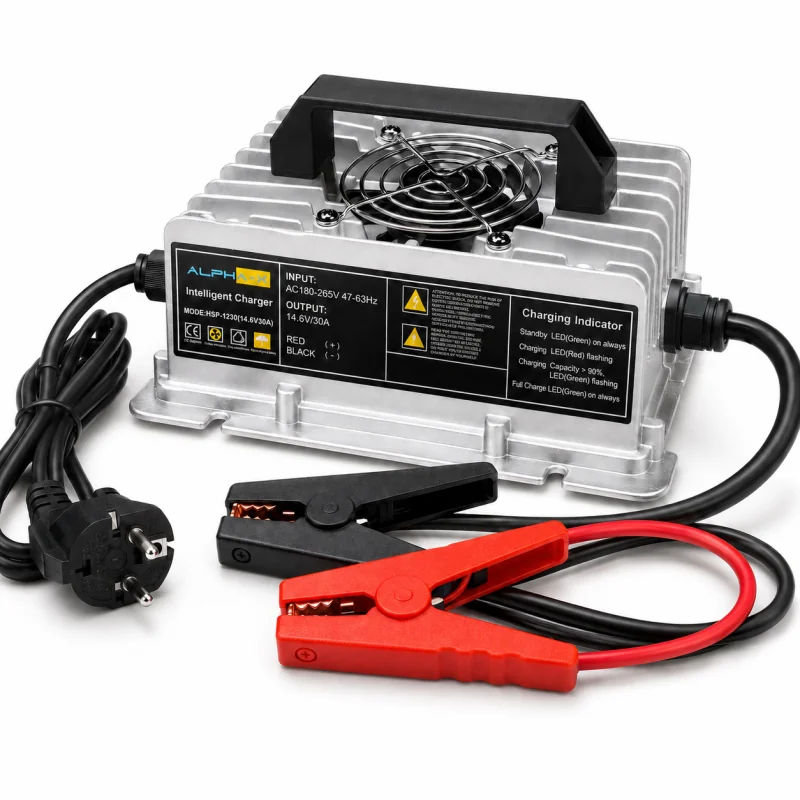 Carregador LiFePO4 30A para baterias de lítio 12.8V com pinças