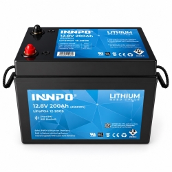 Bateria INNPO LiFePO4 12,8V 200Ah, formato 350 × 190 × 270 mm.